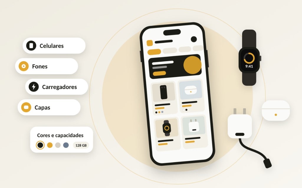 Ilustração de vitrine de celulares e acessórios